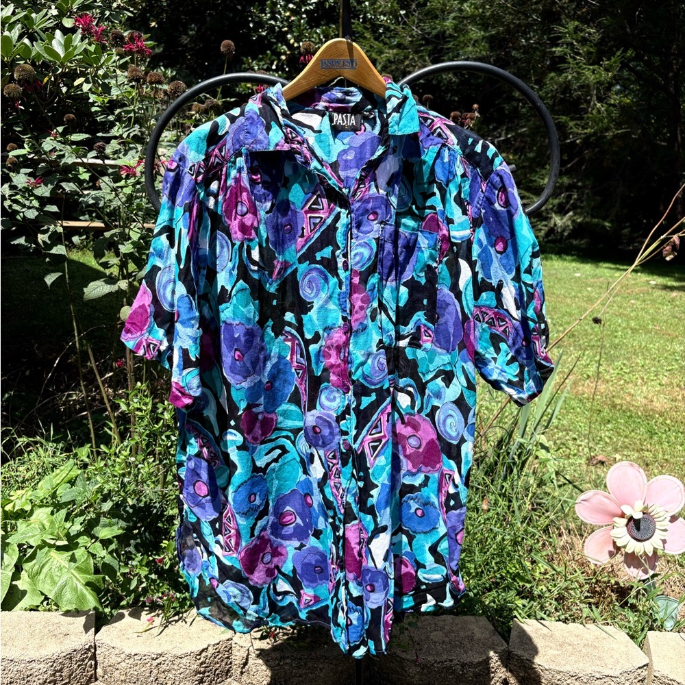 Vintage 1980s 90s cotton retro Vibrant Blue and Purple Shirt blouse size m
